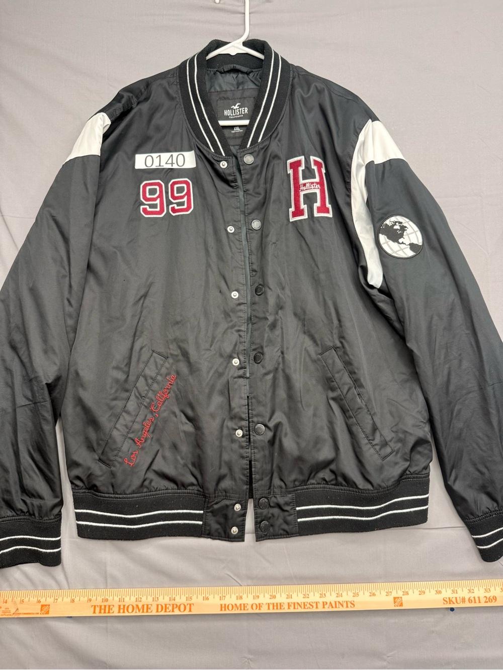 Hollister Black and White Varsity Bomber Jacket with Red Accents